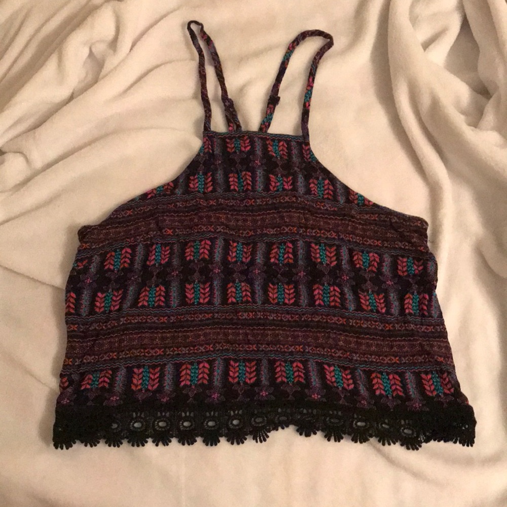 Open back flowy crop top with black lace details